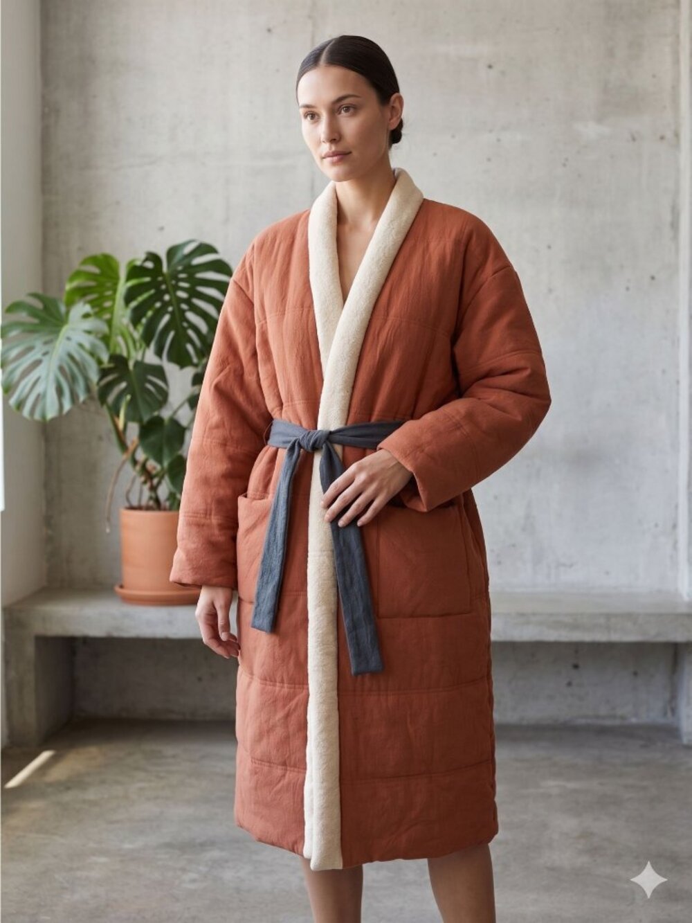 OFFHOURS Homecoat Unisex Red Rock Quilted Robe Coat Linen Cotton One Size OS